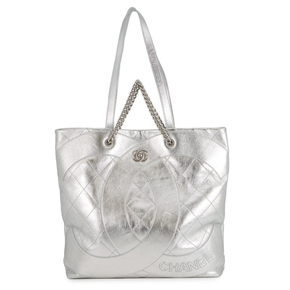 CHANEL CC Logo Club Monaco Chain Tote Bag Silver Shiny Calf Leather