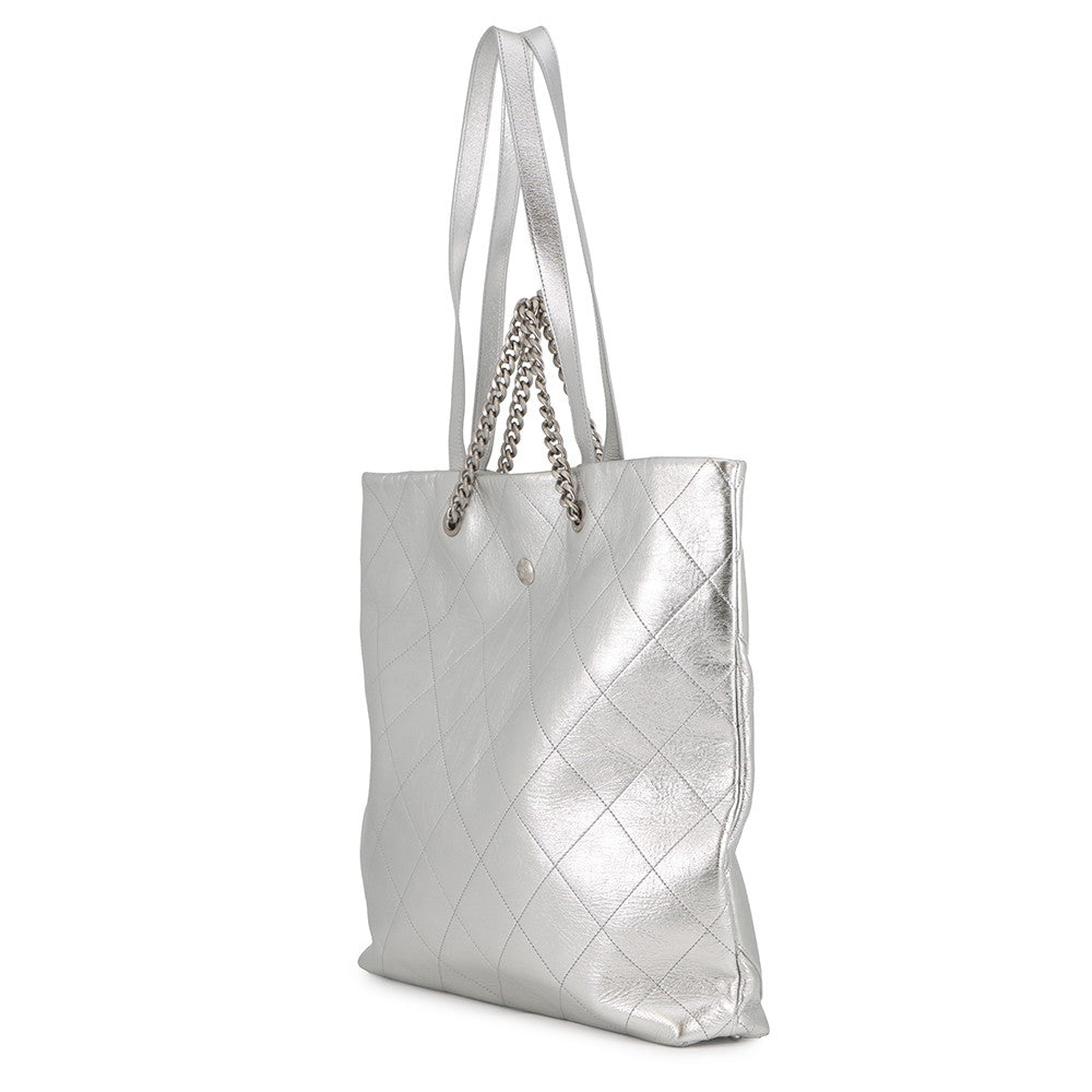 CHANEL CC Logo Club Monaco Chain Tote Bag Silver Shiny Calf Leather