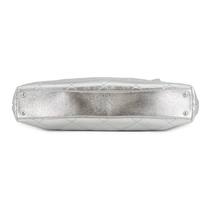 CHANEL CC Logo Club Monaco Chain Tote Bag Silver Shiny Calf Leather