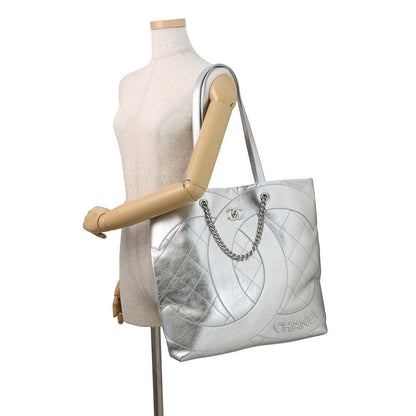 CHANEL CC Logo Club Monaco Chain Tote Bag Silver Shiny Calf Leather