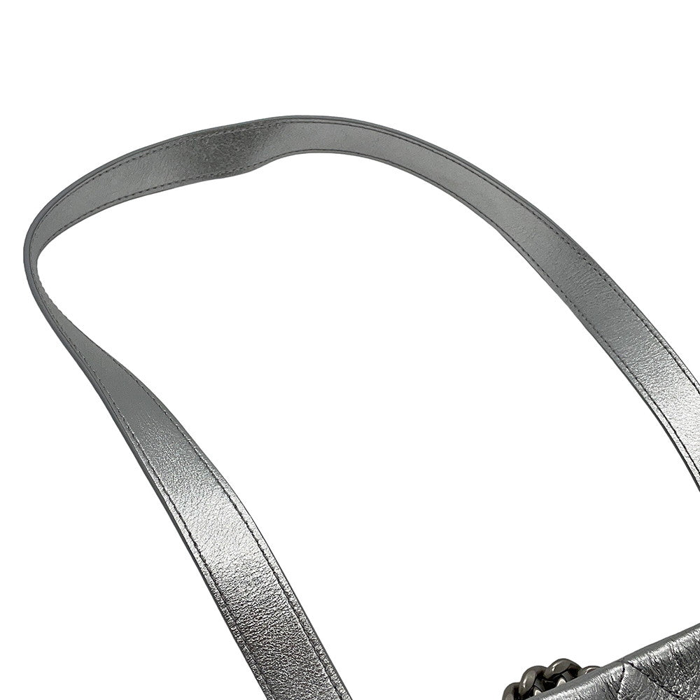 CHANEL CC Logo Club Monaco Chain Tote Bag Silver Shiny Calf Leather