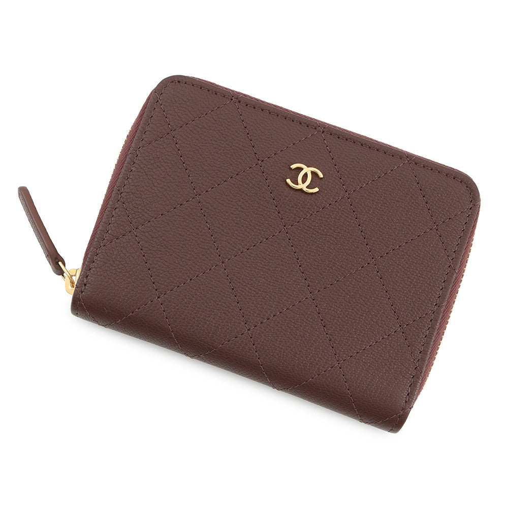 CHANEL CC Logo Round Zip Compact Wallet BrownAP4918 Grained Goatskin Leather
