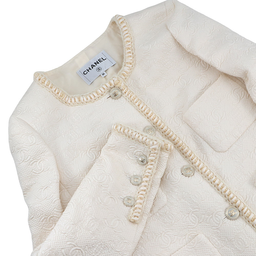 CHANEL COCO Button Jacquard Jacket Size 36 WhiteP71059 Wool 64% Silk19% Nylon17%