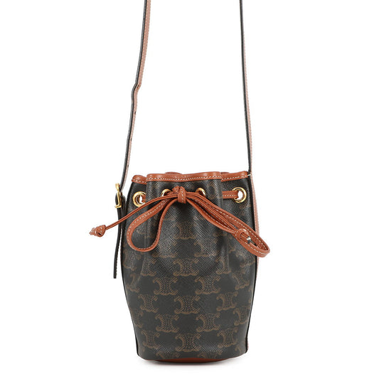 CELINE Drawstring Shoulder Bag Tan10H492 Leather PVC Size micro