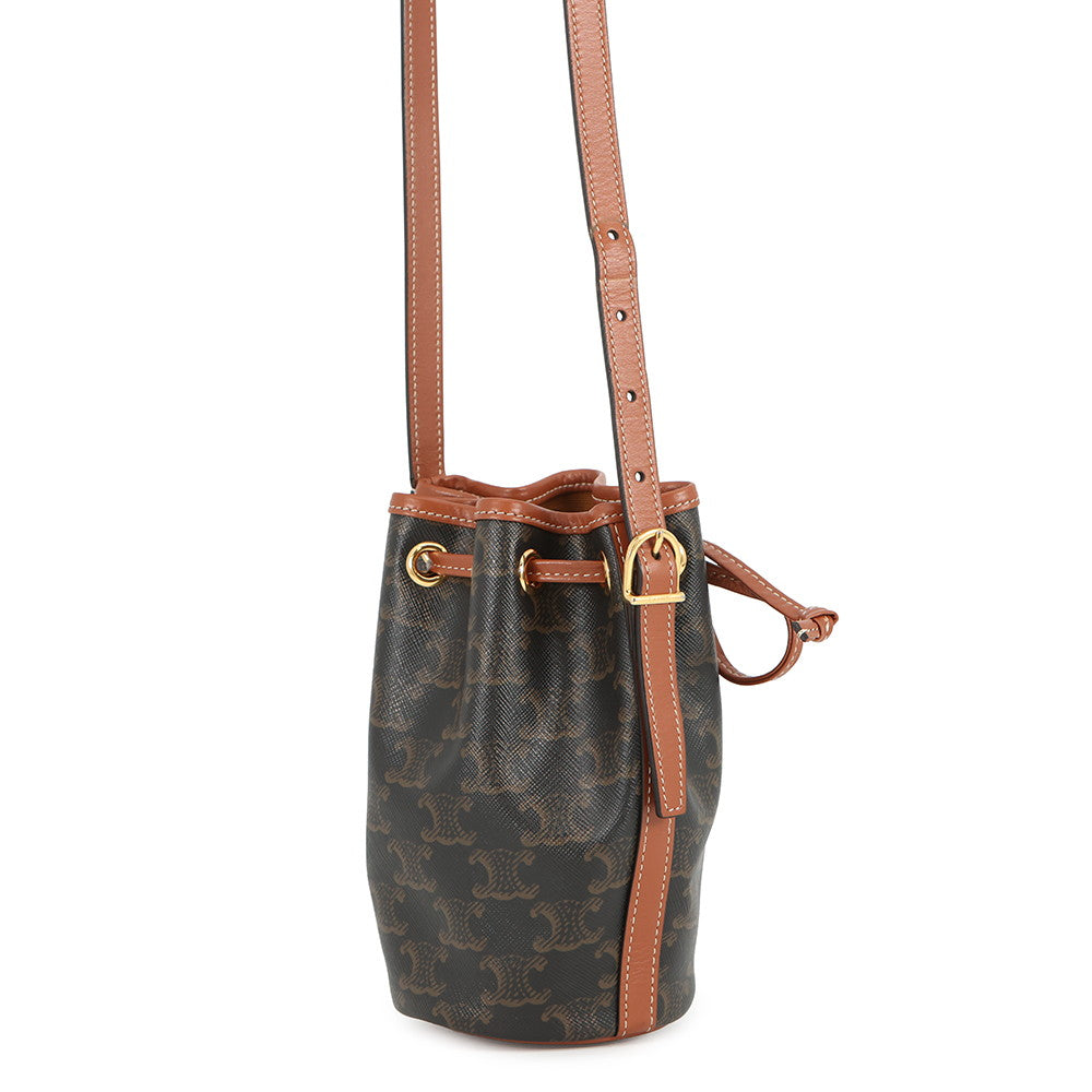 CELINE Drawstring Shoulder Bag Tan10H492 Leather PVC Size micro