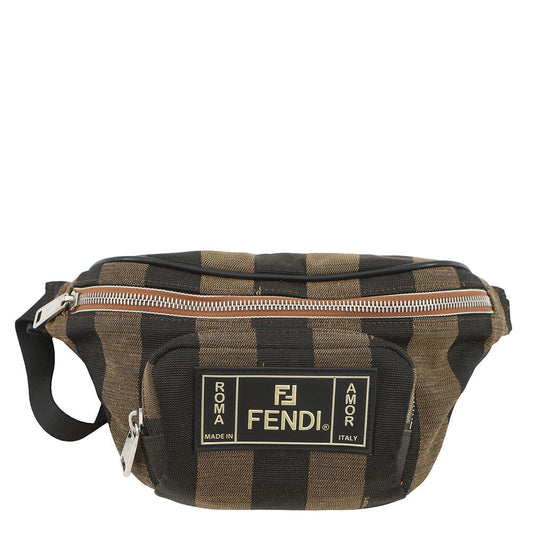 FENDI Pecan Stripe Waist Bag Black/Brown7VA446 Canvas Leather Size Small