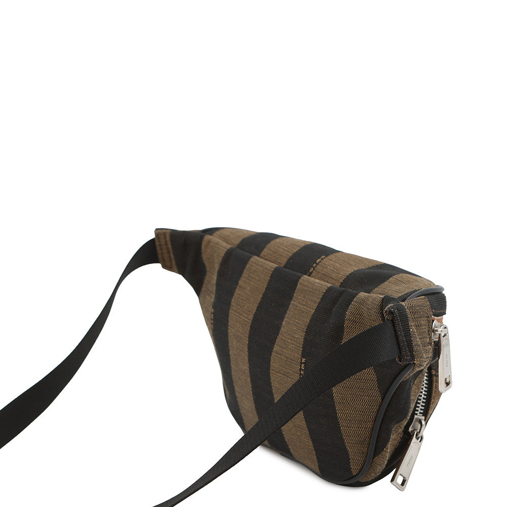FENDI Pecan Stripe Waist Bag Black/Brown7VA446 Canvas Leather Size Small
