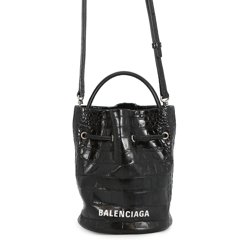 BALENCIAGA Drawstring 2-Way Bucket Bag Black638342 Croco embossed Size XS