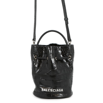 BALENCIAGA Drawstring 2-Way Bucket Bag Black638342 Croco embossed Size XS