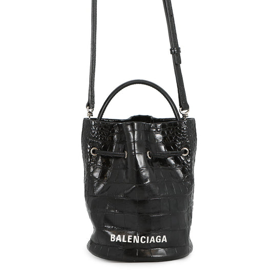 BALENCIAGA Drawstring 2-Way Bucket Bag Black638342 Croco embossed Size XS