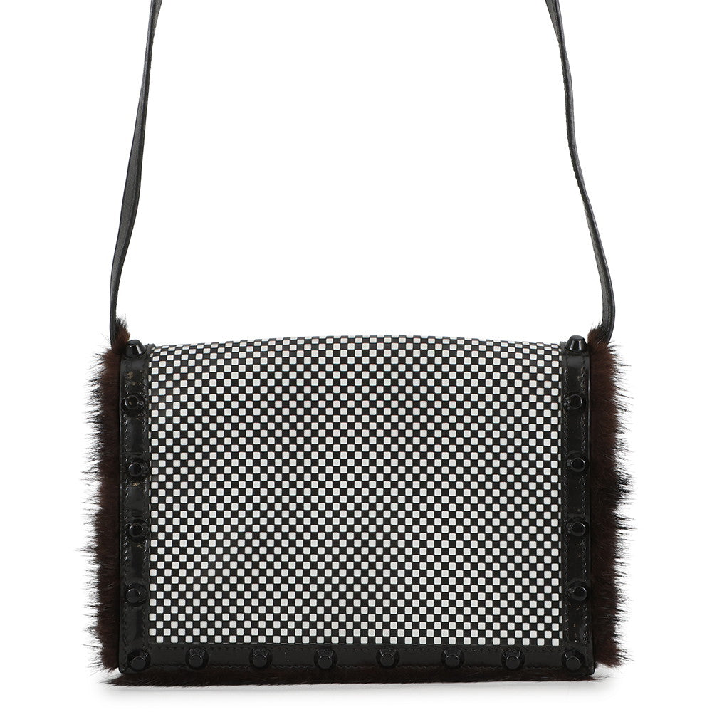 FENDI Check Shoulder Bag Black/White8BT203 Leather Fur