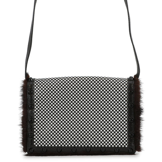 FENDI Check Shoulder Bag Black/White8BT203 Leather Fur