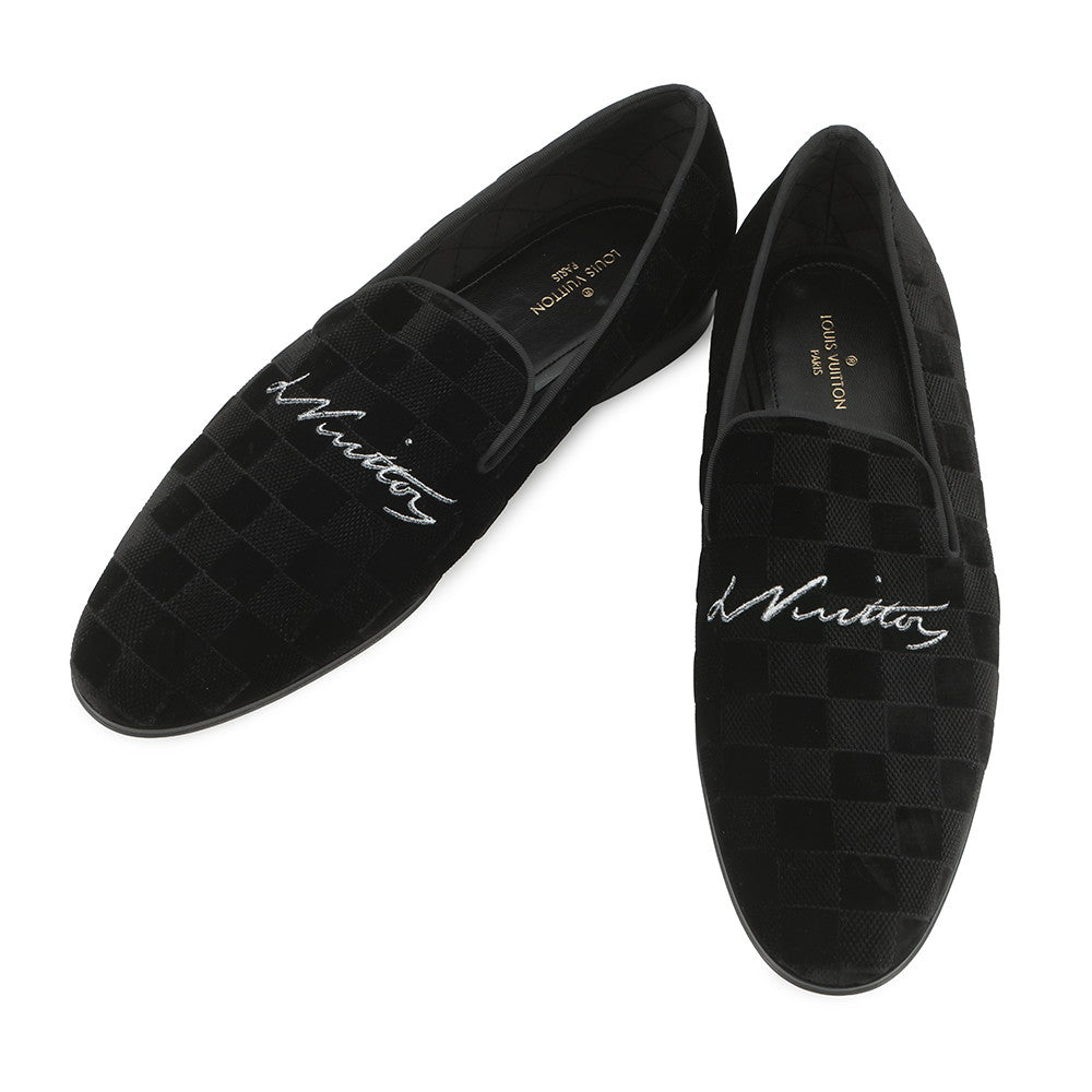 LOUIS VUITTON Auteuil line Damier loafers with embroidery logo Black Velour Size 8L