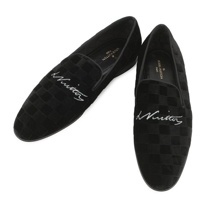 LOUIS VUITTON Auteuil line Damier loafers with embroidery logo Black Velour Size 8L