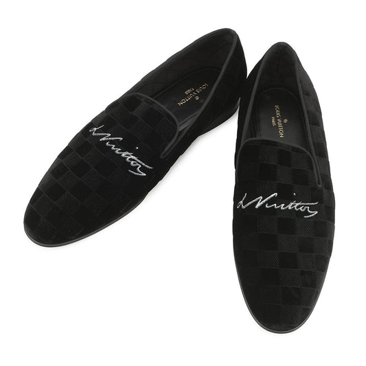 LOUIS VUITTON Auteuil line Damier loafers with embroidery logo Black Velour Size 8L