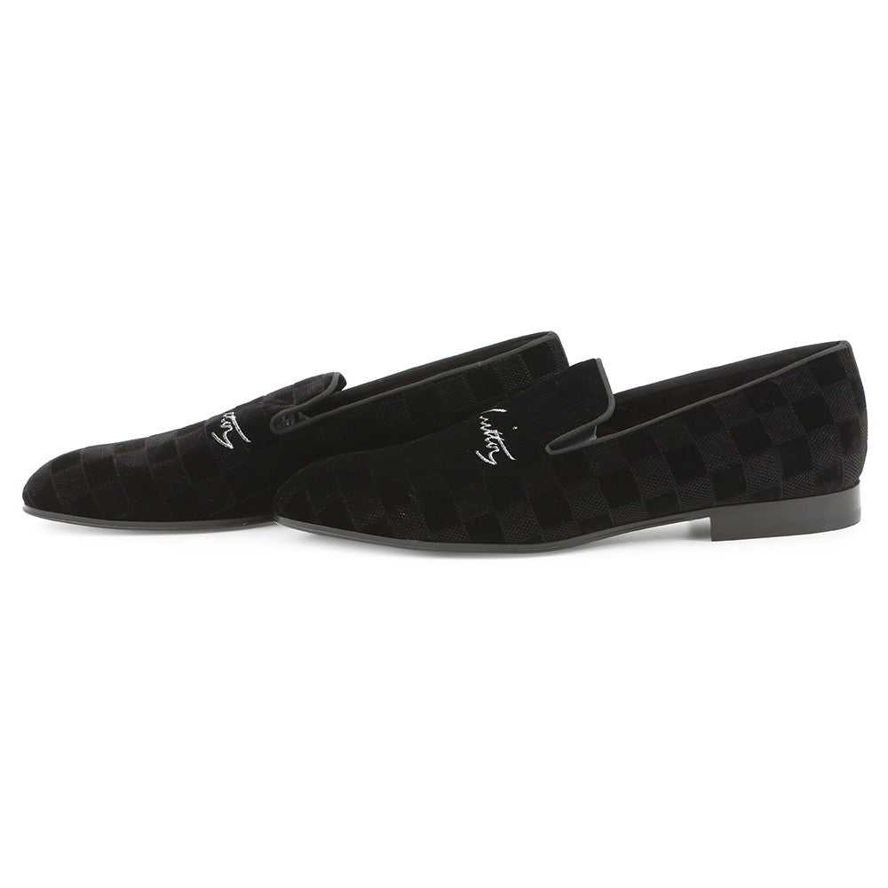 LOUIS VUITTON Auteuil line Damier loafers with embroidery logo Black Velour Size 8L