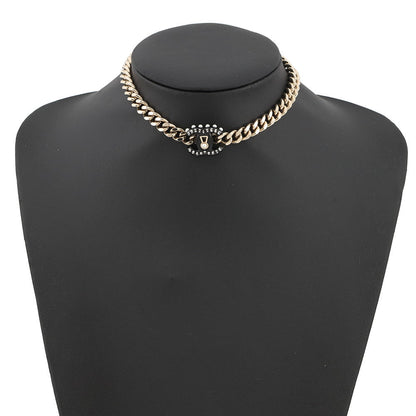 CHANEL CC Logo Key Choker Metal Rhinestone Faux Pearl