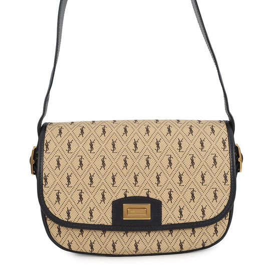 SAINT LAURENT PARIS Monogram Satchel All-Over Shoulder Bag Beige/Black585006 Canvas Leather Size Medium