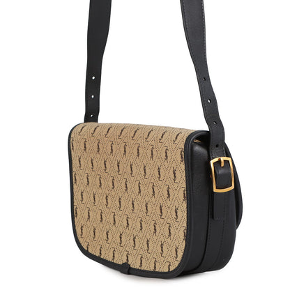 SAINT LAURENT PARIS Monogram Satchel All-Over Shoulder Bag Beige/Black585006 Canvas Leather Size Medium