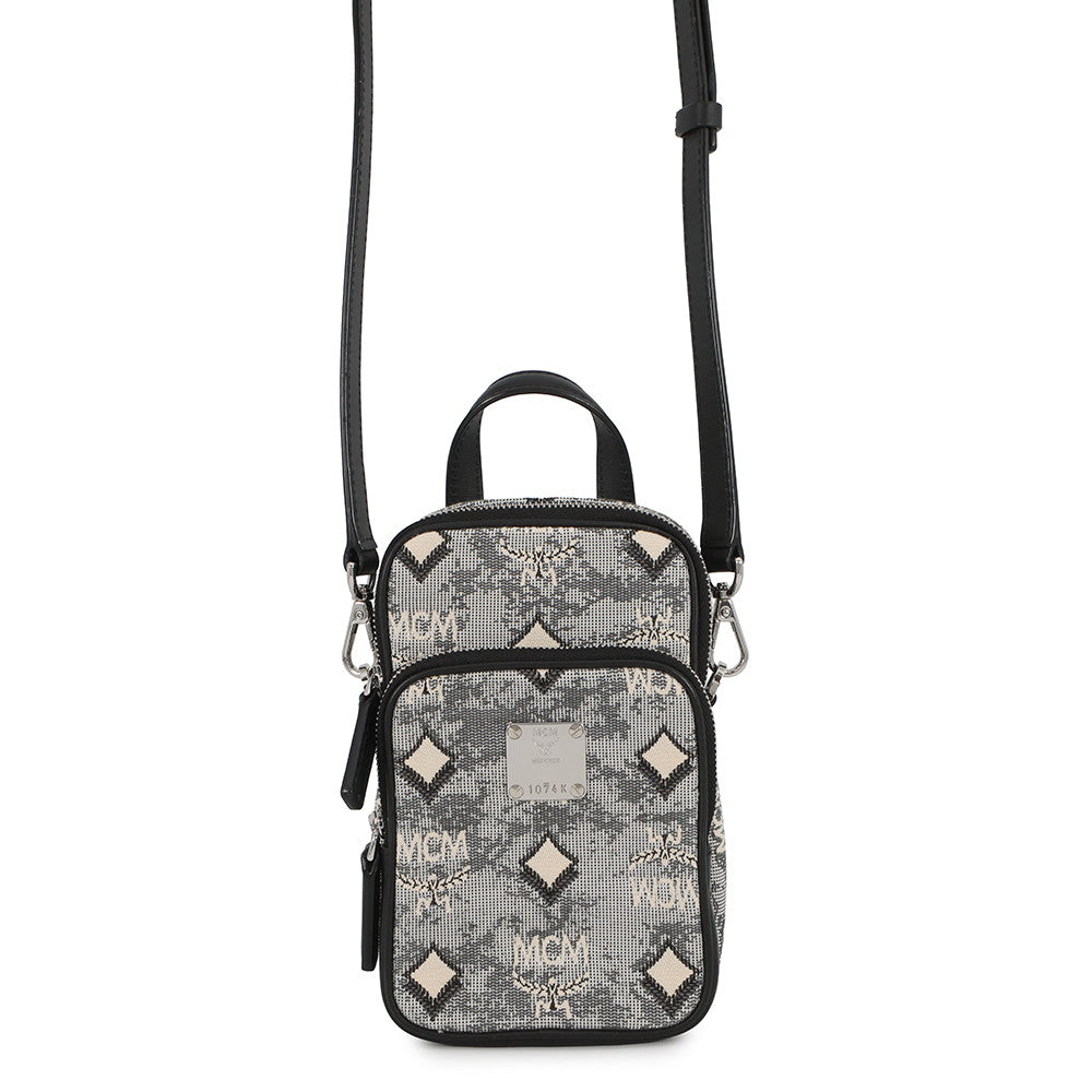 MCM Vintage Jacquard Phone Shoulder Bag Black/Gray/WhiteMMRBATQ02EG001 Canvas Leather