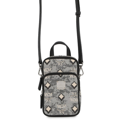 MCM Vintage Jacquard Phone Shoulder Bag Black/Gray/WhiteMMRBATQ02EG001 Canvas Leather