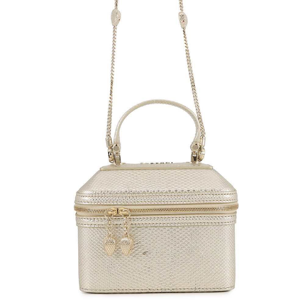 BVLGARI Serpenti 2-Way Vanity Bag Champagne Gold Karung embossed leather