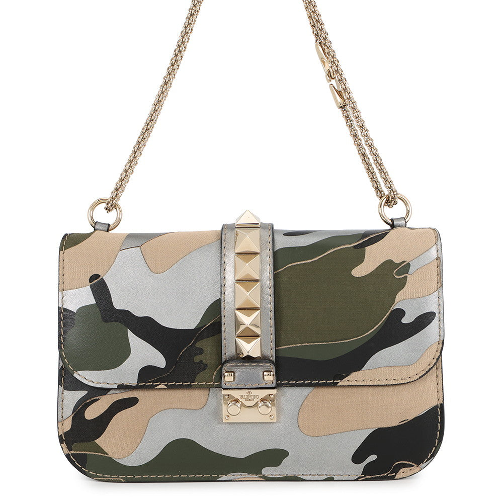 Valentino Garavani Glam Rock Camouflage Chainshoulder Bag Silver/Beige/Green Canvas Leather
