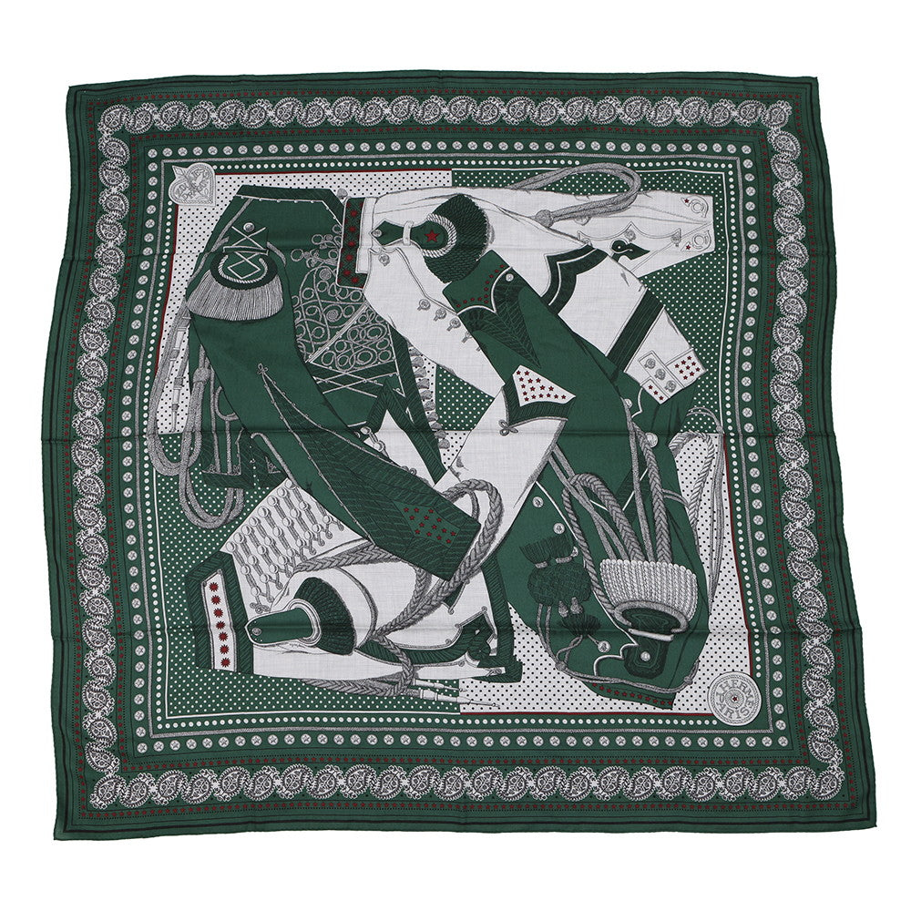 HERMES Giant Square Zouaves and Dragons Bandana Zouaves and Dragon Bandana Size 140 Vert Roden/Gris Cine/Bordeaux Cashmere70% Silk30%