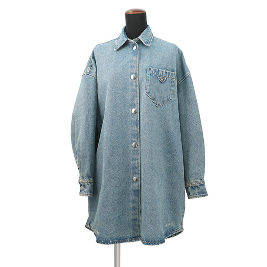 PRADA Oversized distressed organic denim shirt Size 36 Mid blueGFC036 Denim