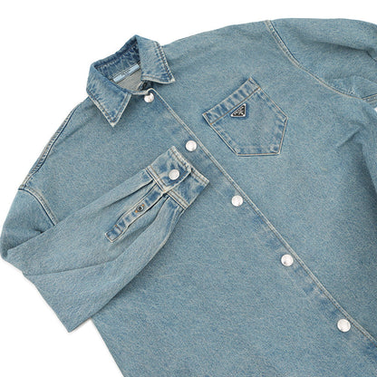 PRADA Oversized distressed organic denim shirt Size 36 Mid blueGFC036 Denim