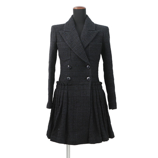 CHANEL Tweed Double-Breasted Coat Size 34 Black/NavyP64017 Cotton49% Polyamide31% Acryl20%