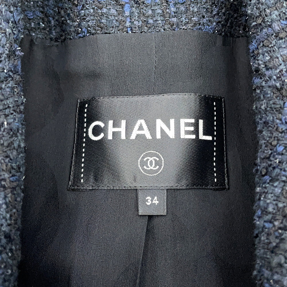 CHANEL Tweed Double-Breasted Coat Size 34 Black/NavyP64017 Cotton49% Polyamide31% Acryl20%