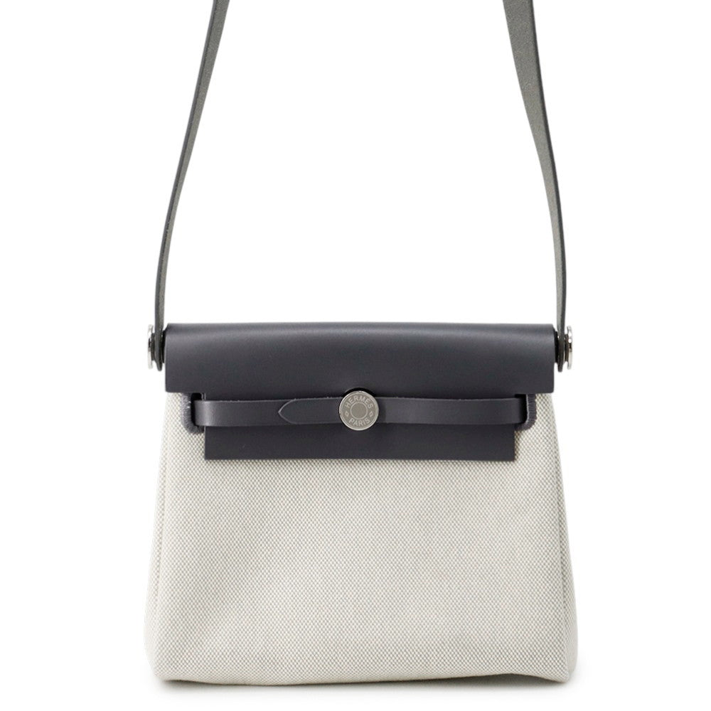 HERMES Herbag zip Ecru/Ardoise Toile Military Vache Hunter Leather Size Mini