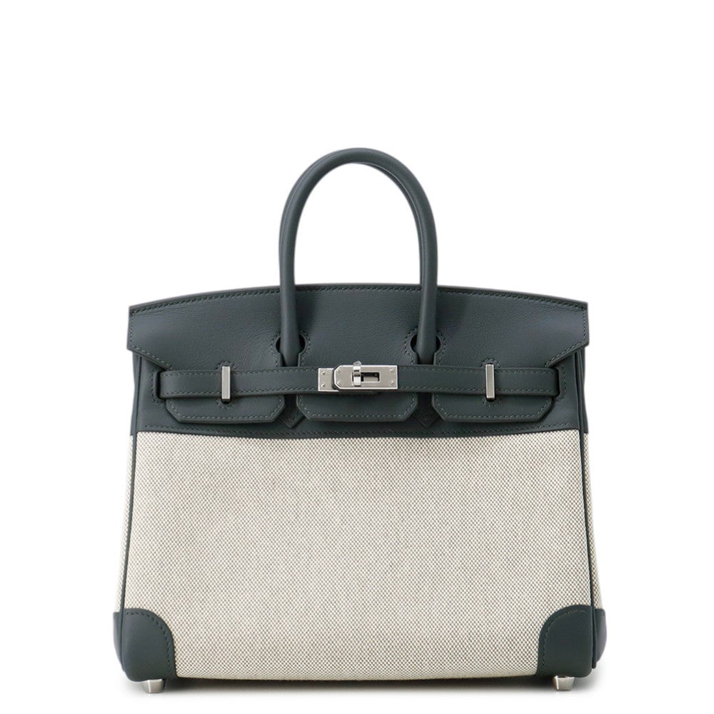 HERMES Birkin Vert Mangrove/Ecru Swift Leather Toile H Size 25