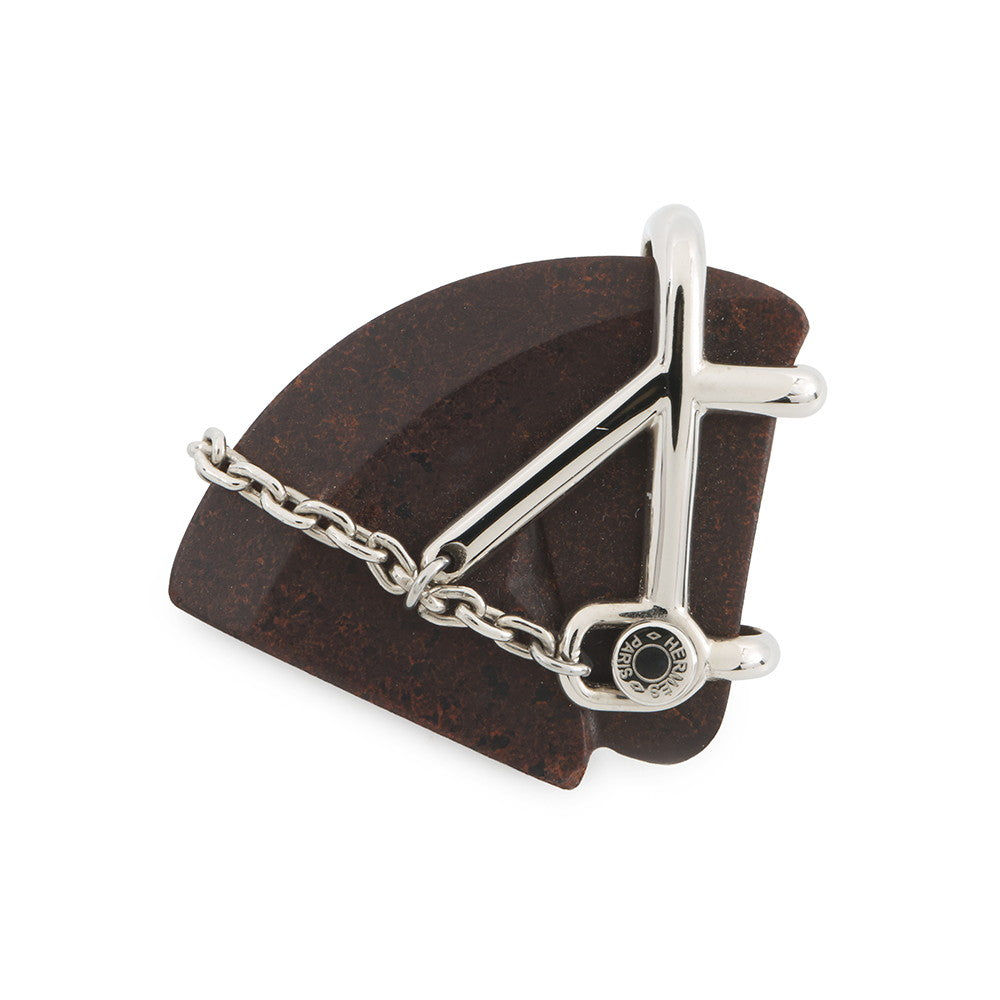 HERMES Cheval Brooch Brown Vulcanium Metal