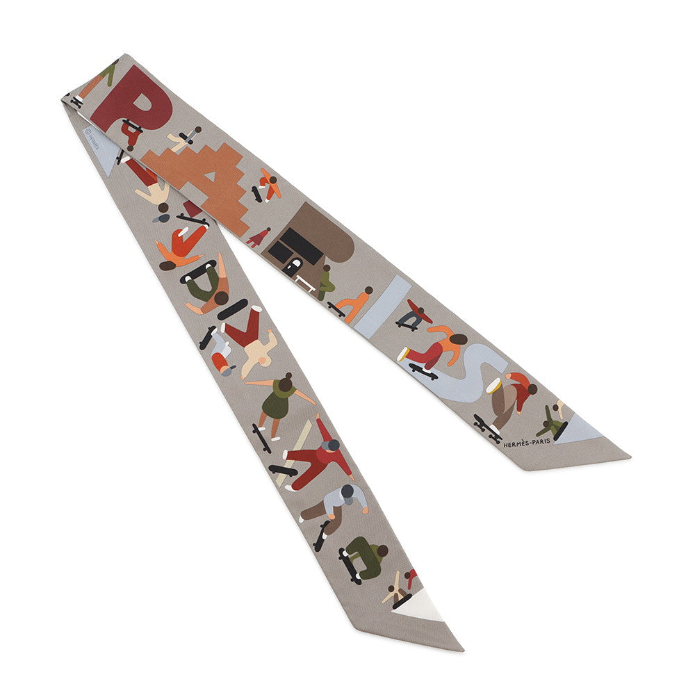 HERMES Twilly figures libres Etoupe/Blanc/Khaki Silk100%