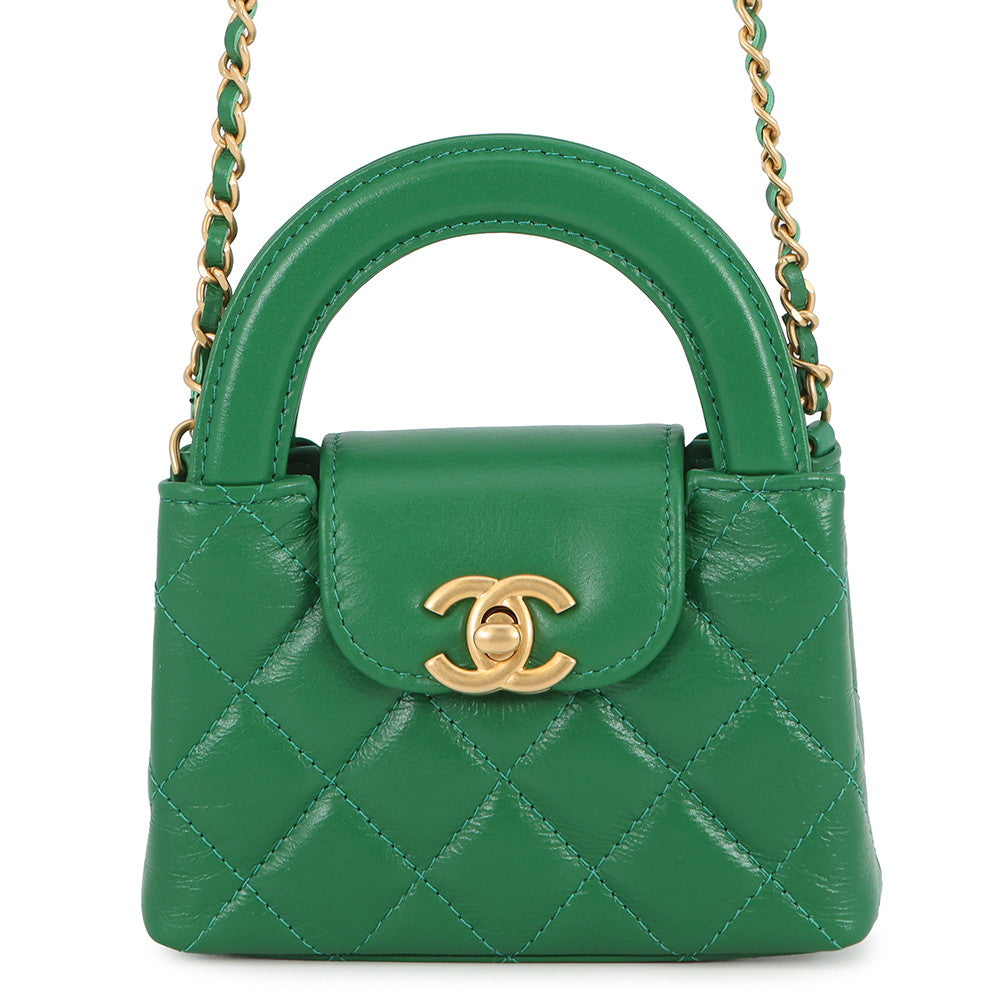 CHANEL Matelasse Mini Kelly ChainClutch GreenAP3435 Leather Size 4.7"
