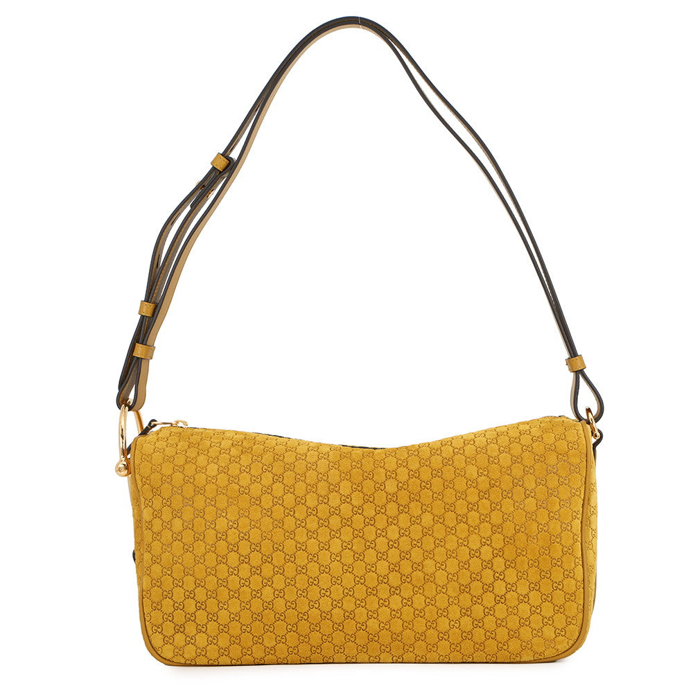 GUCCI Half Horsebit Medium Shoulder Bag Mustard Yellow860787 GG Suede Leather