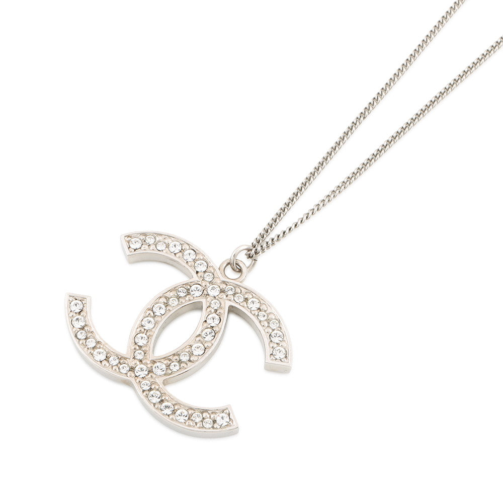 CHANEL CC Logo Pendant Top Necklace Metal Rhinestone