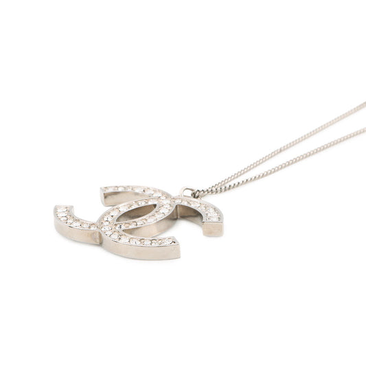 CHANEL CC Logo Pendant Top Necklace Metal Rhinestone
