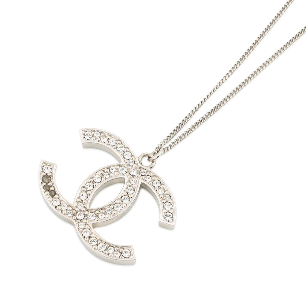 CHANEL CC Logo Pendant Top Necklace Metal Rhinestone