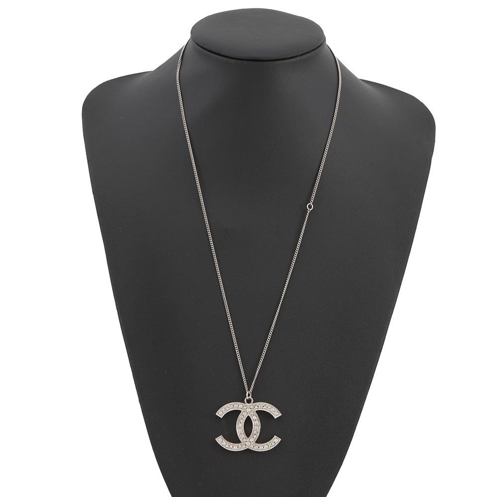 CHANEL CC Logo Pendant Top Necklace Metal Rhinestone