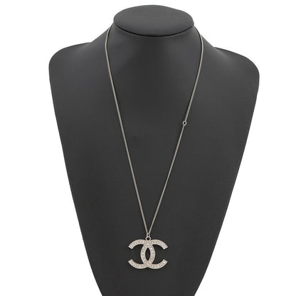 CHANEL CC Logo Pendant Top Necklace Metal Rhinestone