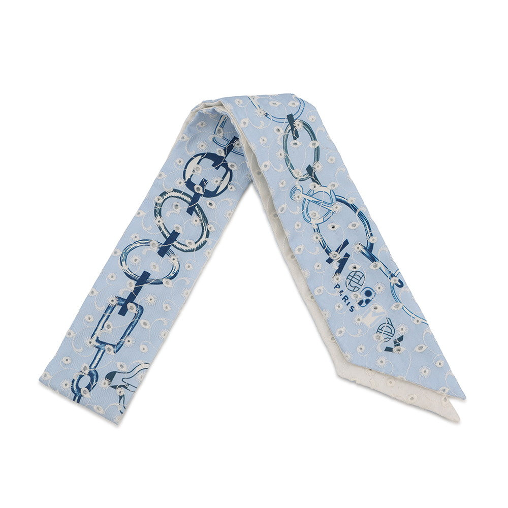 HERMES Twilly Scarf by Do Re Boucles Broderie Anglaise, Spring/Summer 2023 Blue/Blanc/Marine Silk100%