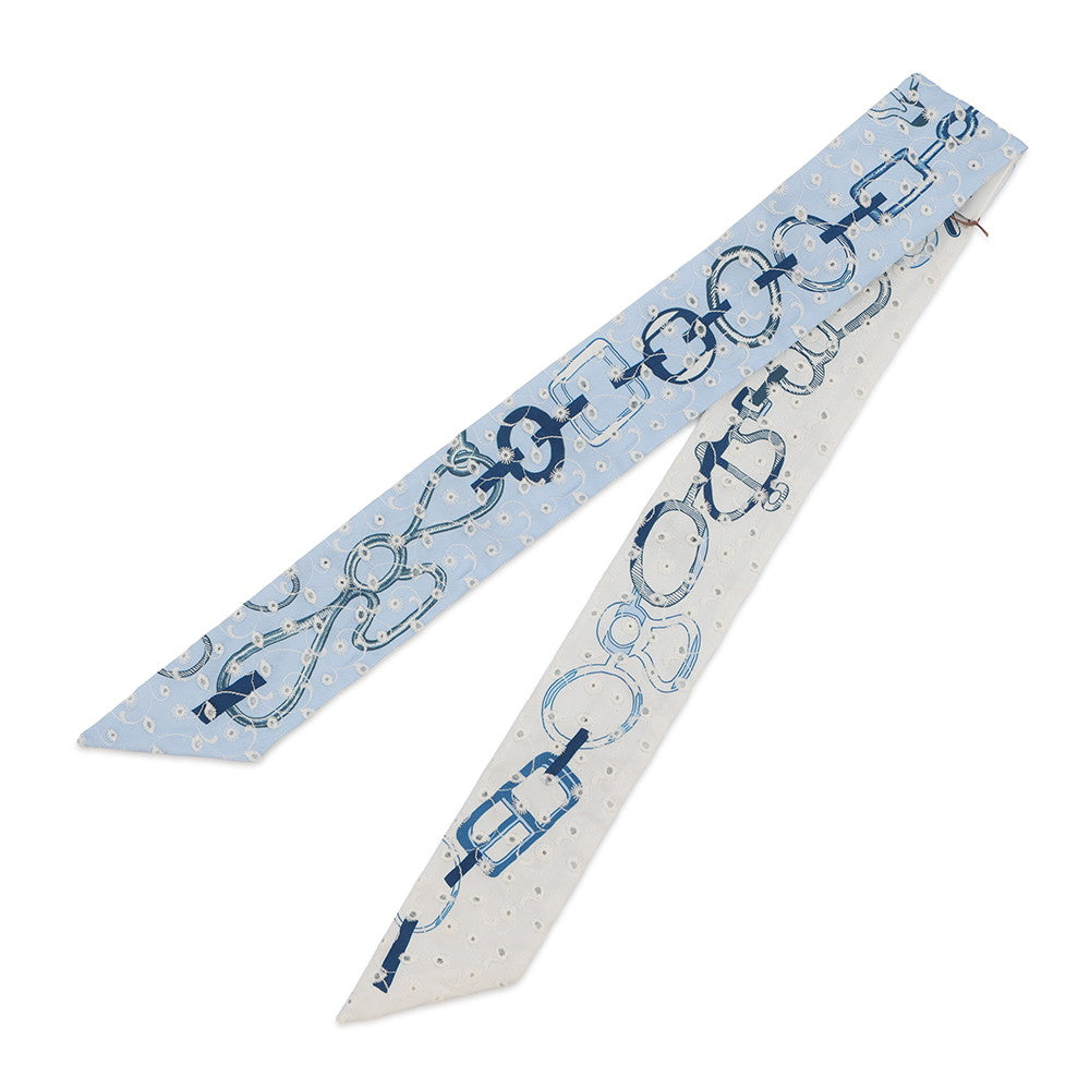 HERMES Twilly Scarf by Do Re Boucles Broderie Anglaise, Spring/Summer 2023 Blue/Blanc/Marine Silk100%