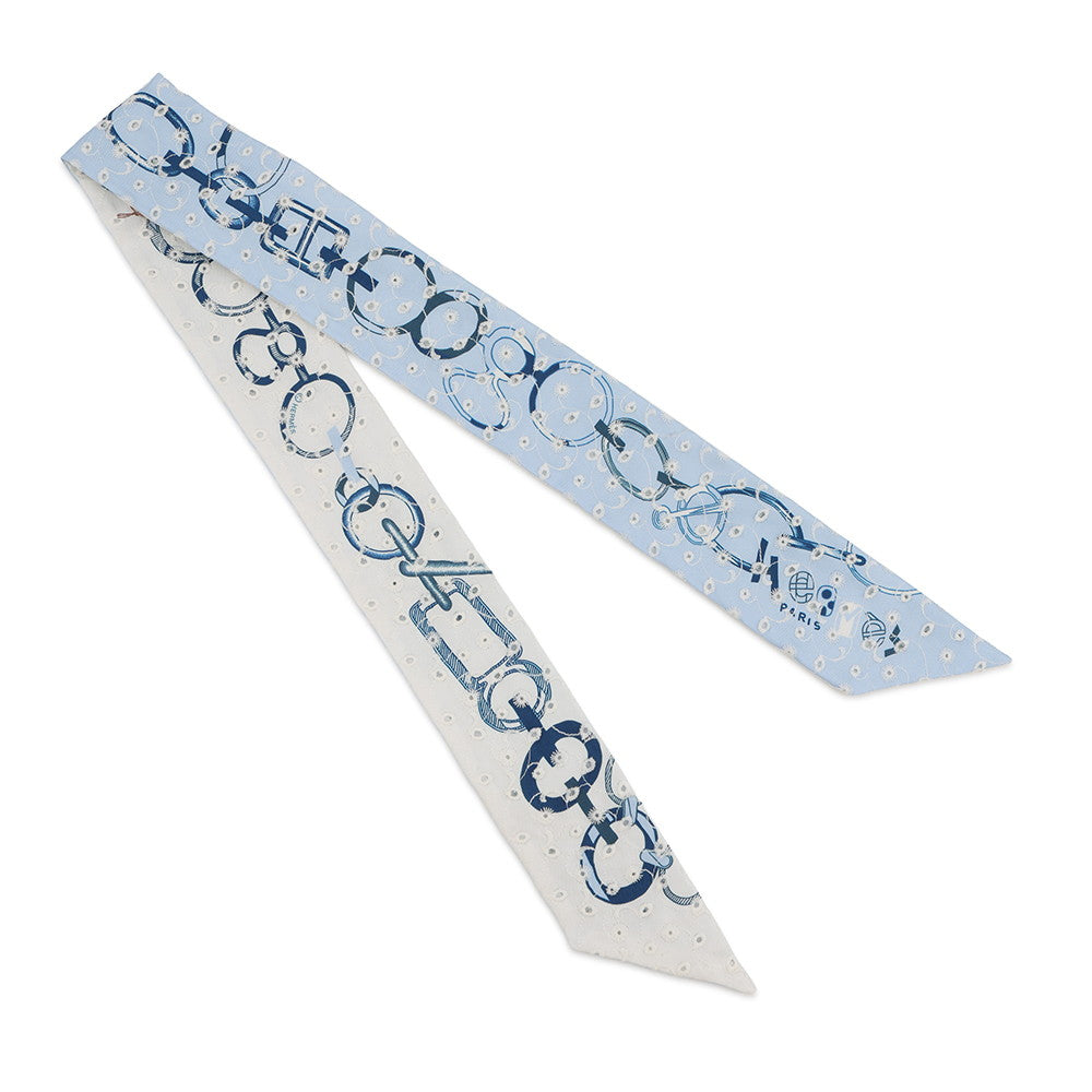 HERMES Twilly Scarf by Do Re Boucles Broderie Anglaise, Spring/Summer 2023 Blue/Blanc/Marine Silk100%