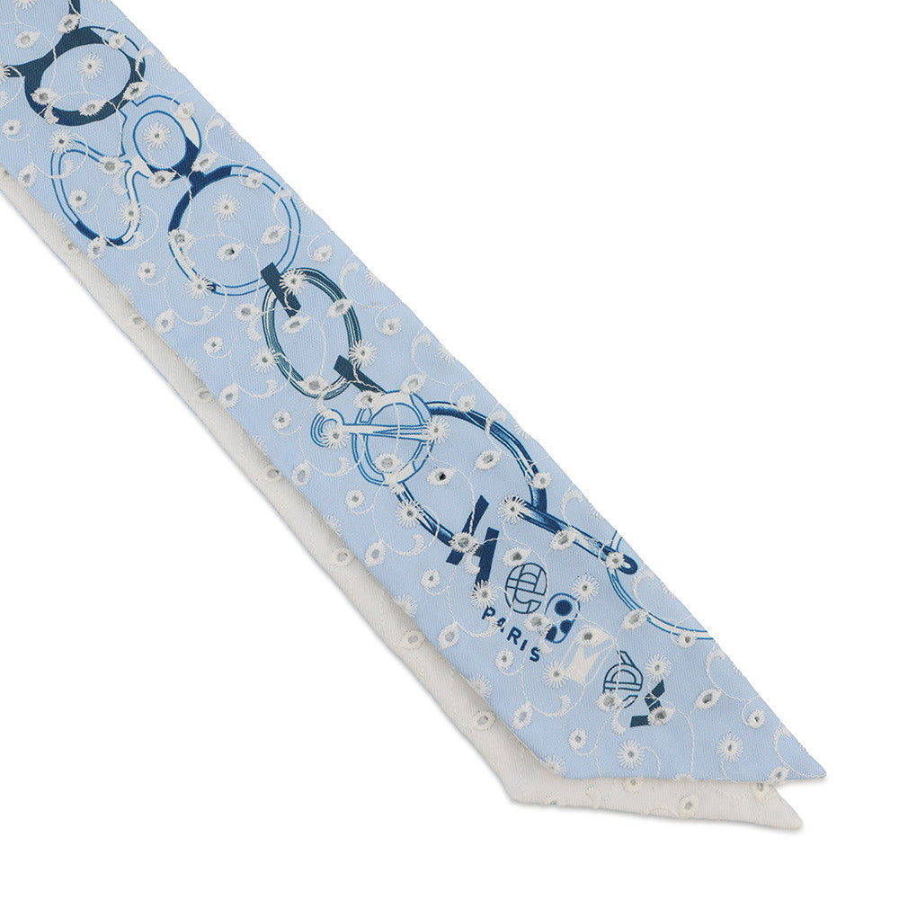 HERMES Twilly Scarf by Do Re Boucles Broderie Anglaise, Spring/Summer 2023 Blue/Blanc/Marine Silk100%