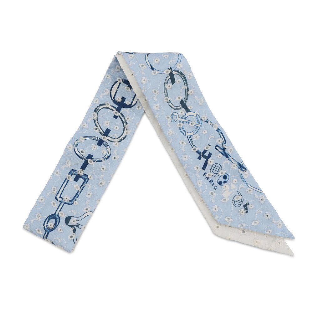 HERMES Twilly Scarf by Do Re Boucles Broderie Anglaise, Spring/Summer 2023 Blue/Blanc/Marine Silk100%