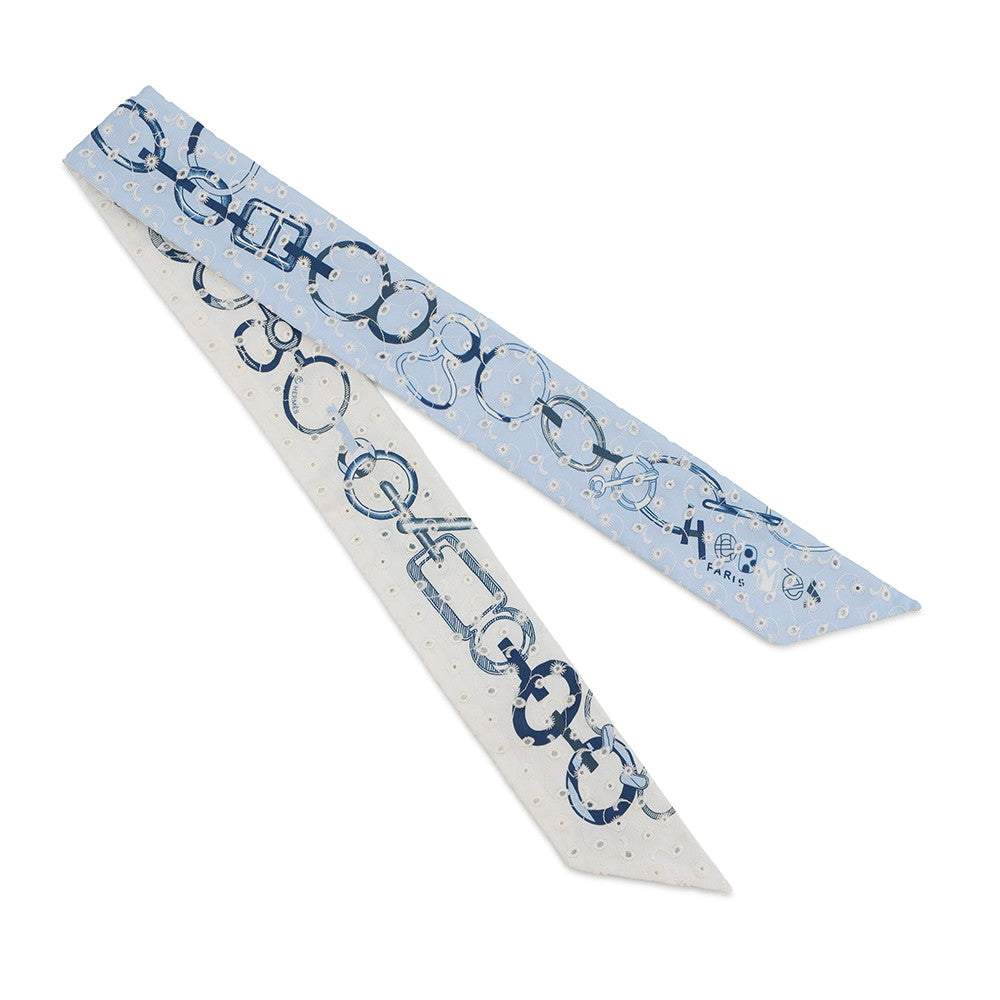 HERMES Twilly Scarf by Do Re Boucles Broderie Anglaise, Spring/Summer 2023 Blue/Blanc/Marine Silk100%
