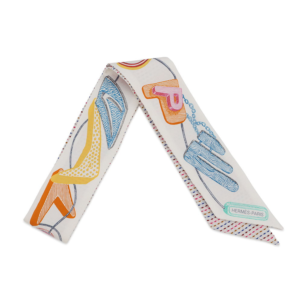 HERMES Twilly Chevaloscope Neon Pointier Embroidery Spring/Summer 2023 Blanc/Rose/Vert Silk100%